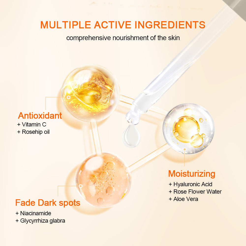 Illustration, die die aktiven Inhaltsstoffe in Neutriherbs Vitamin C + Hyaluronic Acid Serum zeigt. Vitamin C und Hagebuttenöl bieten antioxidativen Schutz, Hyaluronsäure, Rosenwasser und Aloe Vera versorgen die Haut mit Feuchtigkeit, während Niacinamid und Süßholzwurzel dazu beitragen, Pigmentflecken zu mindern und einen gleichmäßigeren Hautton zu fördern.