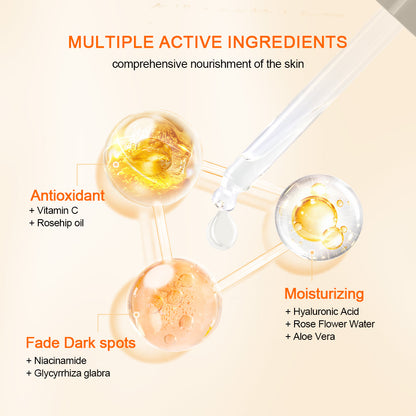 Illustration, die die aktiven Inhaltsstoffe in Neutriherbs Vitamin C + Hyaluronic Acid Serum zeigt. Vitamin C und Hagebuttenöl bieten antioxidativen Schutz, Hyaluronsäure, Rosenwasser und Aloe Vera versorgen die Haut mit Feuchtigkeit, während Niacinamid und Süßholzwurzel dazu beitragen, Pigmentflecken zu mindern und einen gleichmäßigeren Hautton zu fördern.
