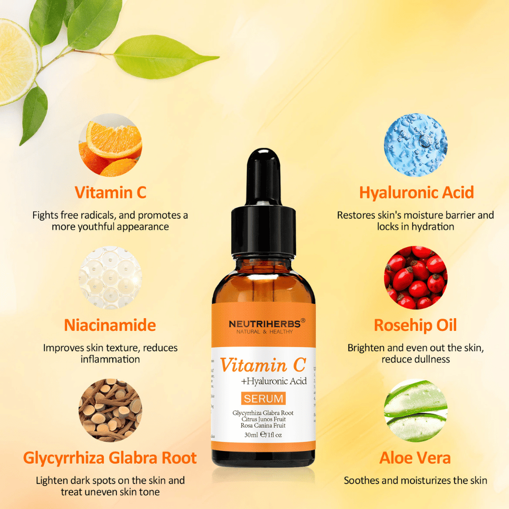 Illustration der Schlüsselinhaltsstoffe in Neutriherbs Vitamin C + Hyaluronic Acid Serum 30 ml. Zeigt Vitamin C, Hyaluronsäure, Niacinamid, Hagebuttenöl, Süßholzwurzel und Aloe Vera – Inhaltsstoffe, die die Haut mit Feuchtigkeit versorgen, für mehr Ausstrahlung sorgen, den Hautton ausgleichen und die Hautbarriere stärken.